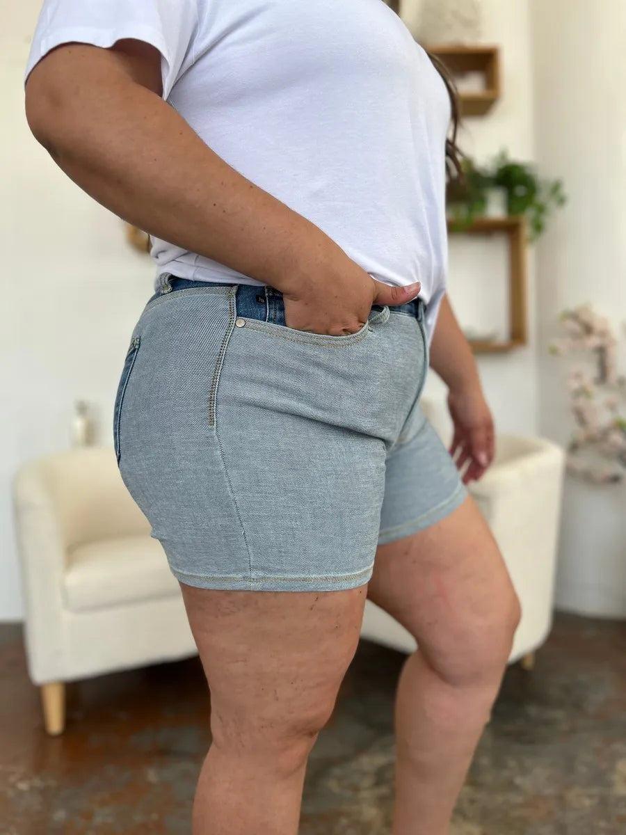 Full Size Color Block Denim Shorts