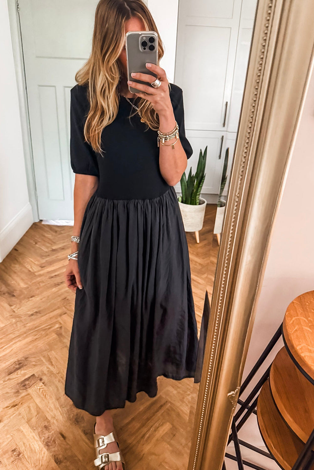 Black Short Sleeve Knit Top Patchwork Pleated Long Dress
