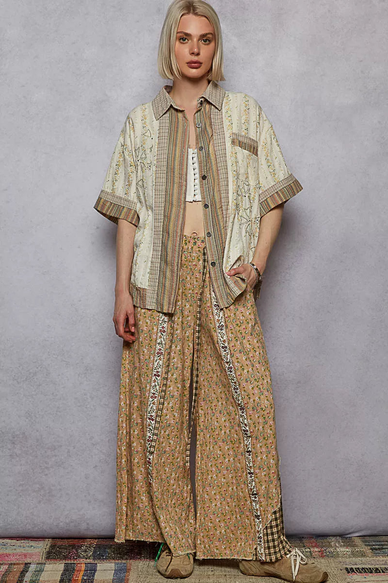 Printed Button Down Patchwork Short Sleeve Shirt