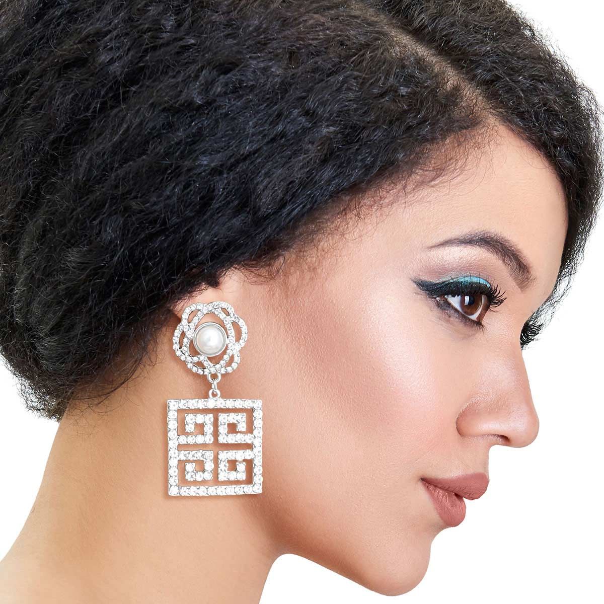 Square Greek Key Silver Flower Earrings Stylish Statement Jewelry