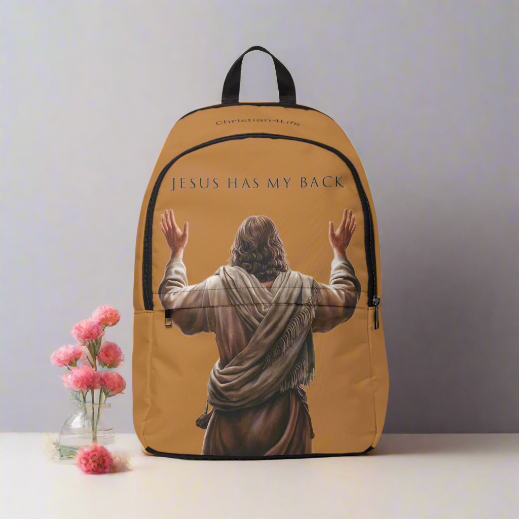 "Jesus Has My Back" Graphic design Christian Backpack (Choose Brown Shade)