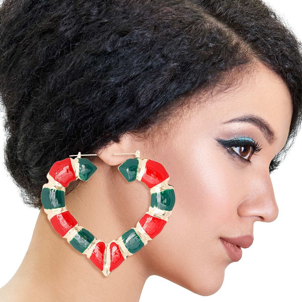 Bamboo Hoop Earrings with Red and Green Heart Detail – Trendy Statement Jewelry