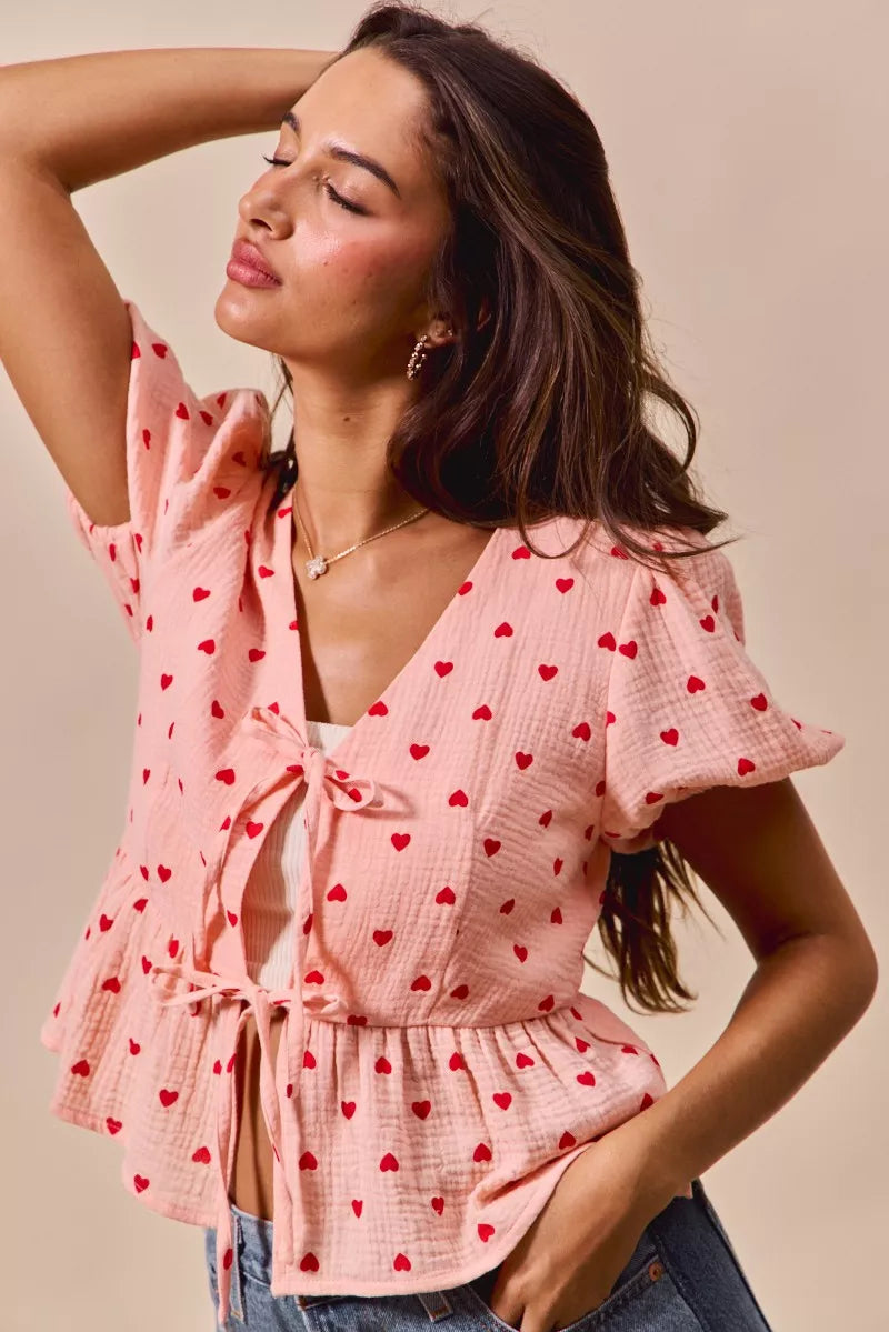 All Over Heart Ribbon Tie Baby Doll Valentine Blouse