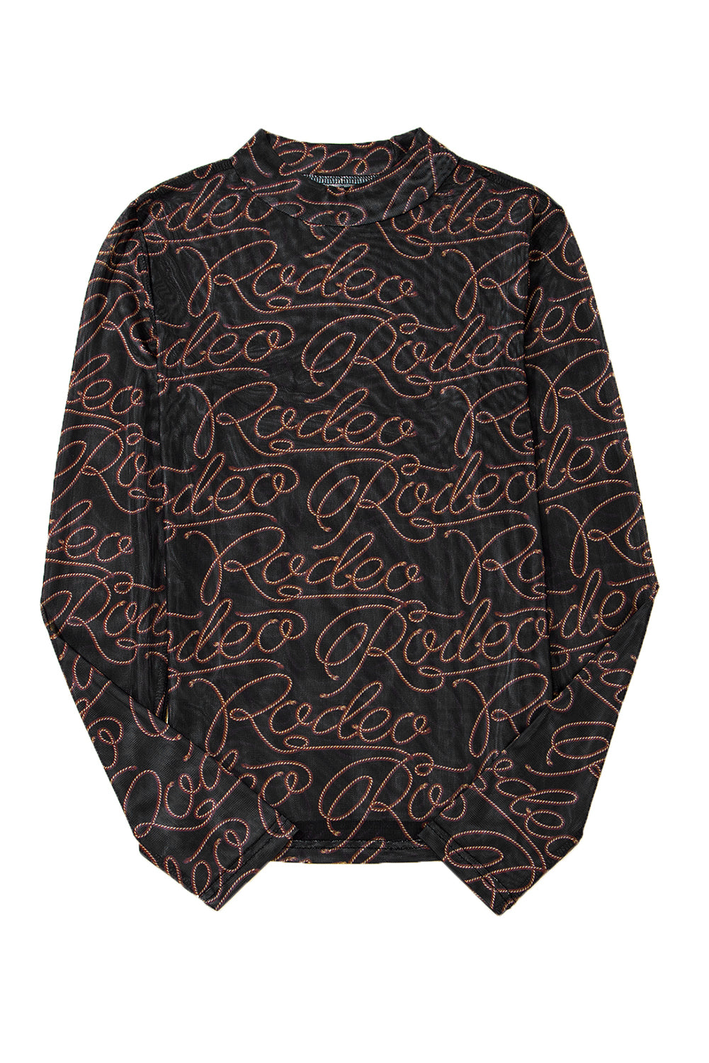Black Western Rodeo Printed Mock Neck Long Sleeve Mesh Top
