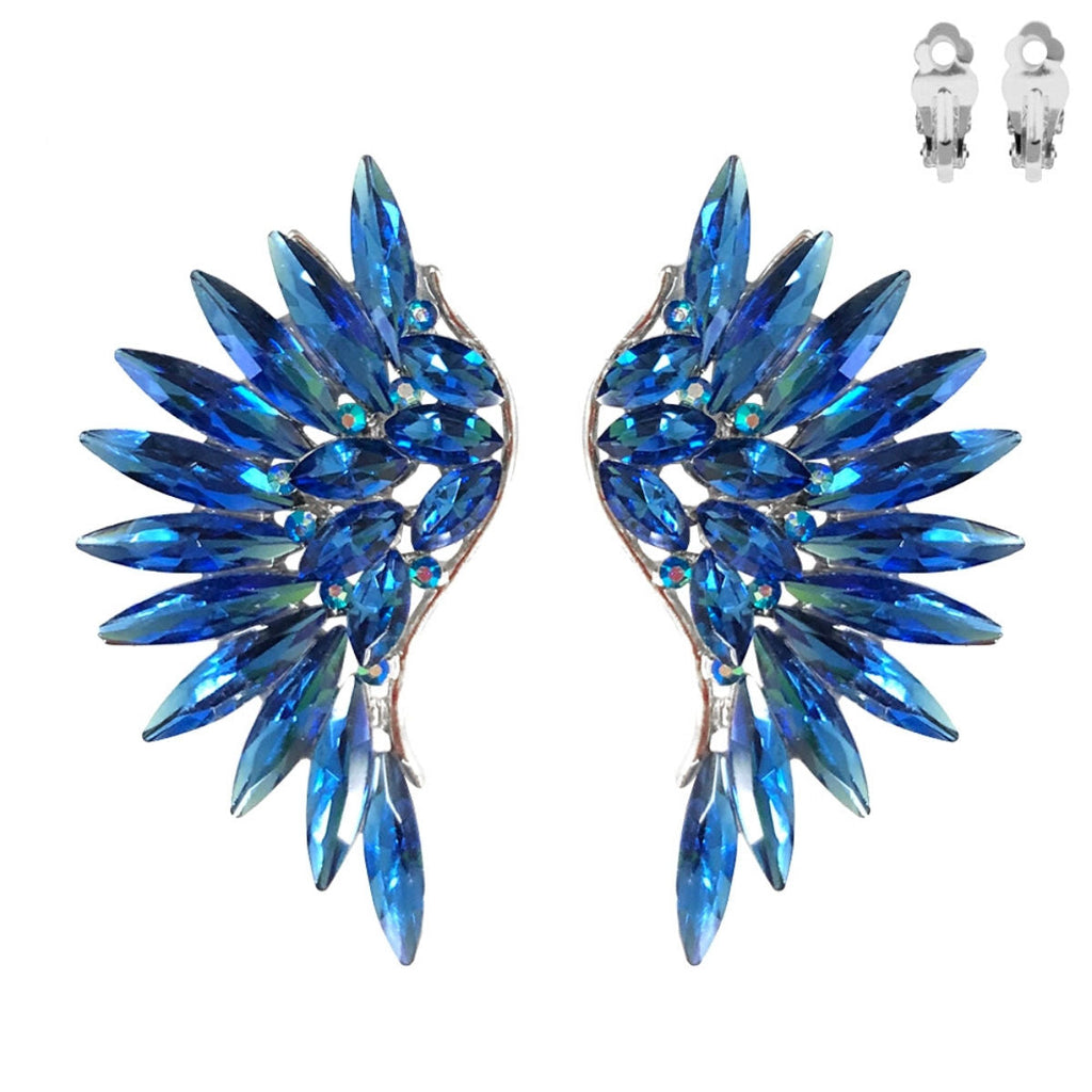 Rhinestone Wing Clip-On Earrings Royal Blue Stylish Statement Jewelry