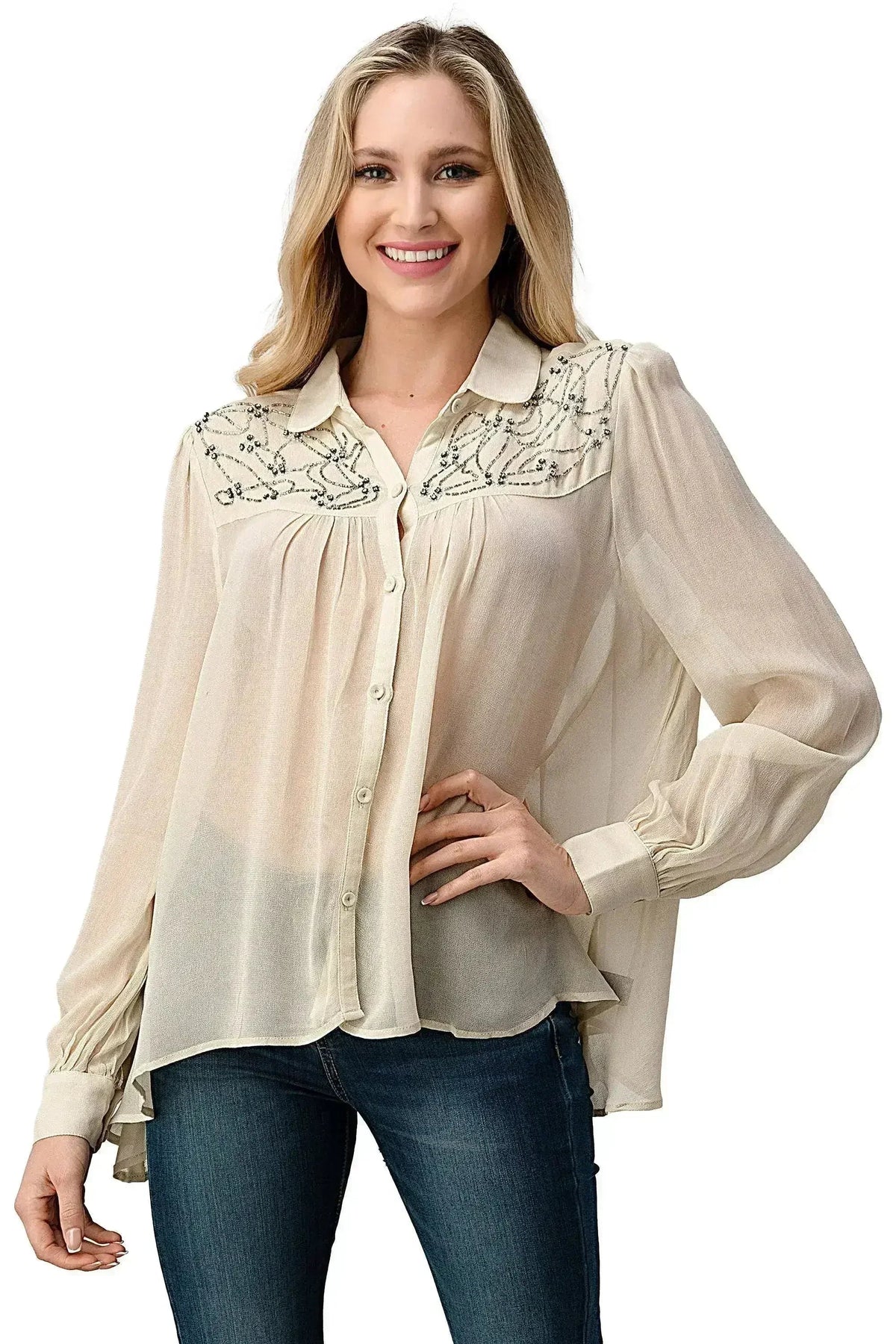 Embroidered Sheer Blouse - Beaded Jewel Trim Button-Up Top | Femstylo
