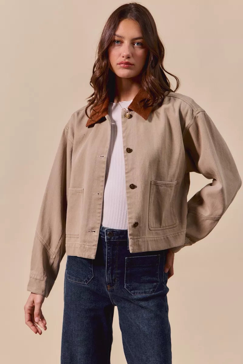 Cotton Twill Cropped Barn Jacket wtih Collar