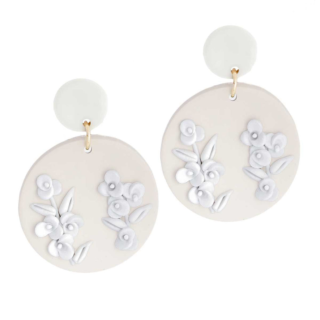 Bridal Round Flower Earrings White Tan Clay Stylish Statement Jewelry
