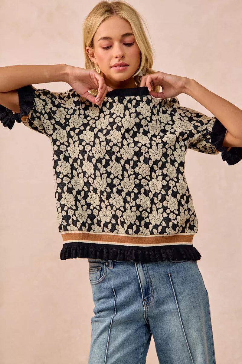 Textured Rose Knit Top Contrast Banded Puff Sleeve