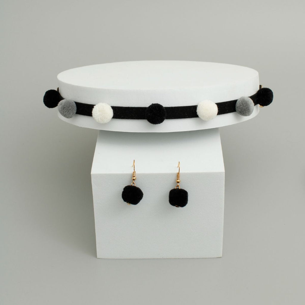 Statement Pom Pom Choker Set in Black and White, Trendy Fashion Jewelry Accessory