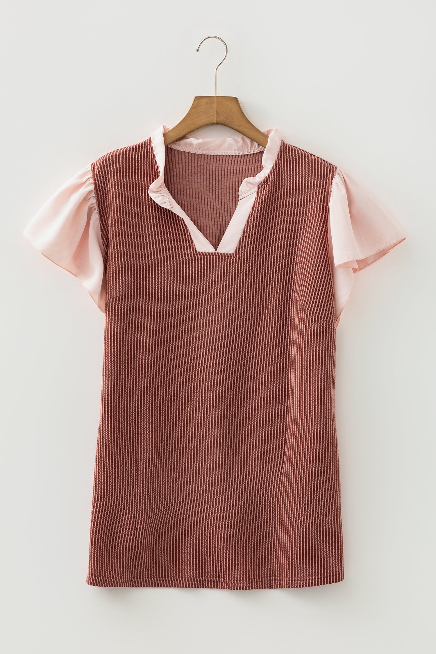 Rose Pink Plus Size Contrast Frilled Neckline Ruffled Short Sleeve Ribbed Textured Blouse