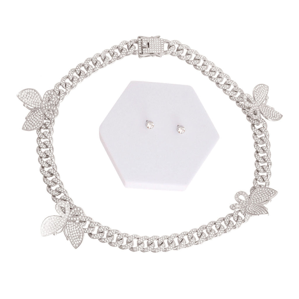 Cuban Chain Set with Iced Silver Butterfly Pendant – Trendy Fashion Jewelry
