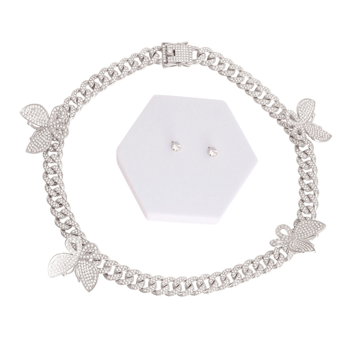 Cuban Chain Set with Iced Silver Butterfly Pendant – Trendy Fashion Jewelry