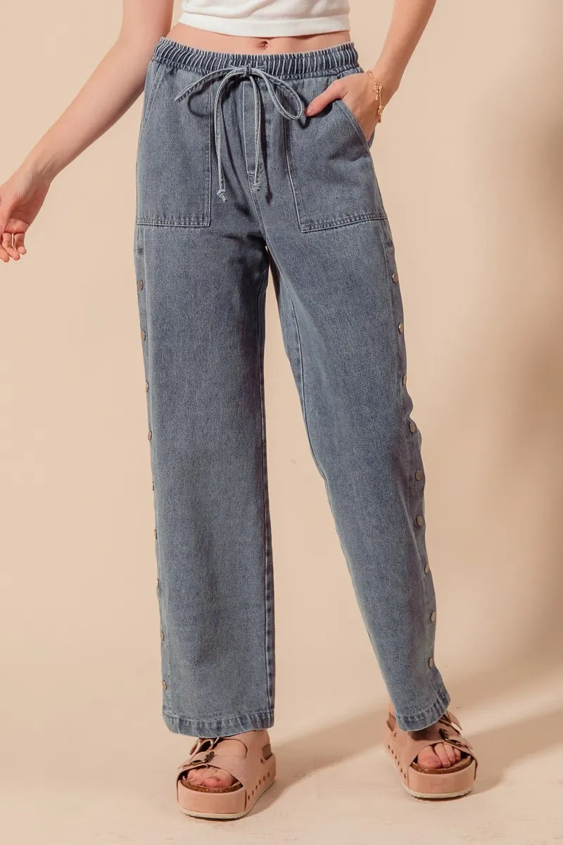 Mid Rise Drawstring Jeans with Side Snap Button