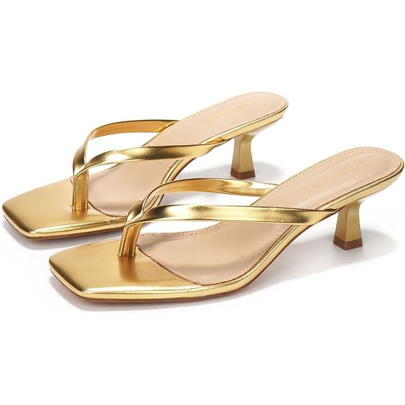 Lullasong Womens Size 10 Shiny Gold 2.5" Heel Slide On Flip Flop Sandal Shoes