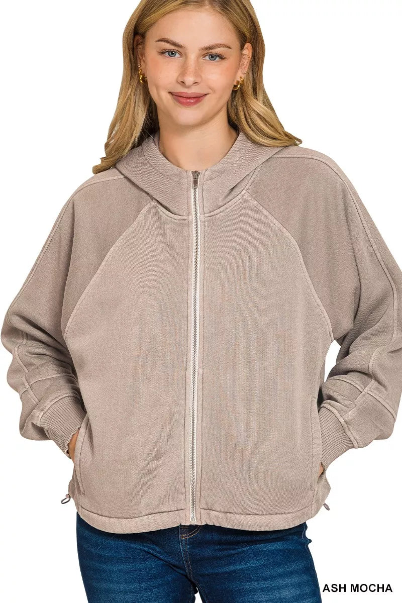 Fleece Pigment Dye Zip Up Hoodie with Pockets