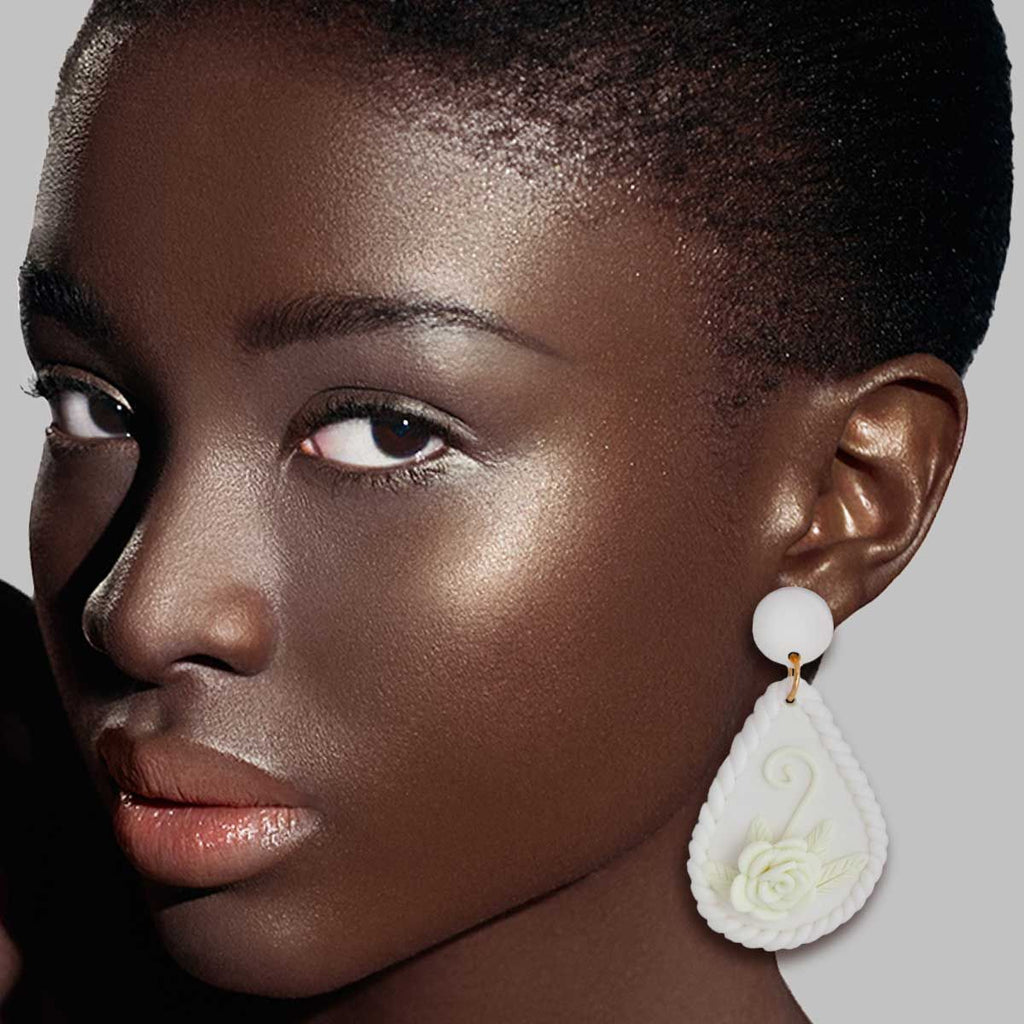 Bridal Earrings White Ivory Clay Teardrop Flower Stylish Statement Jewelry