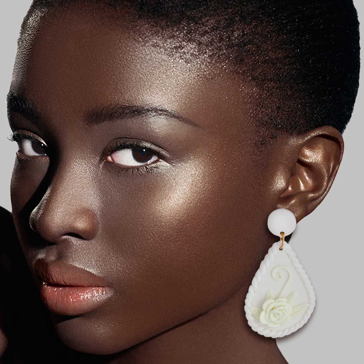 Bridal Earrings White Ivory Clay Teardrop Flower Stylish Statement Jewelry
