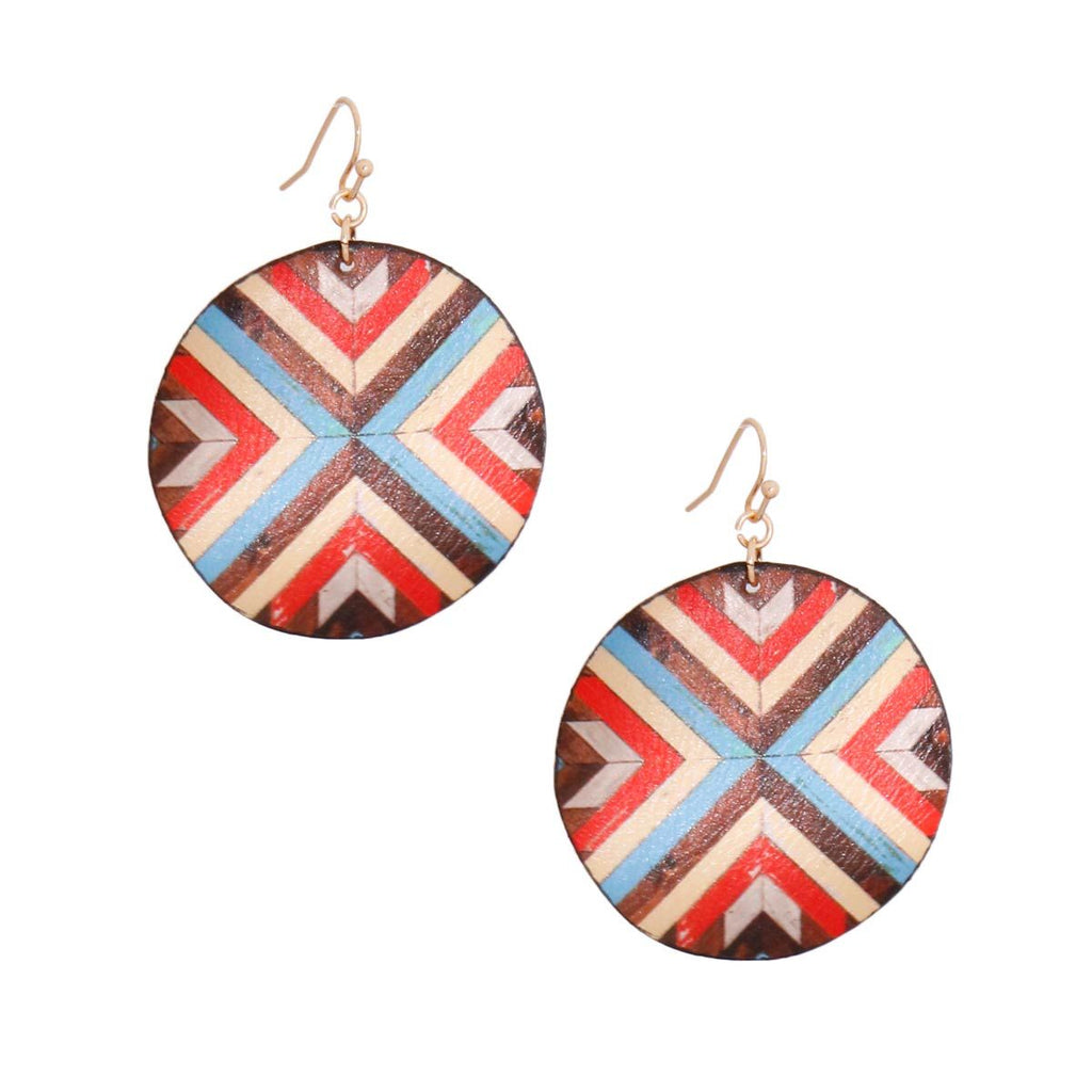 Leather Round Multi Mosaic Statement Earrings Stylish Chic Jewelry