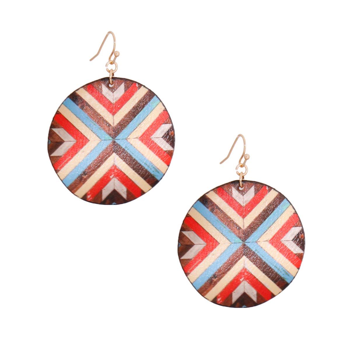 Leather Round Multi Mosaic Statement Earrings Stylish Chic Jewelry