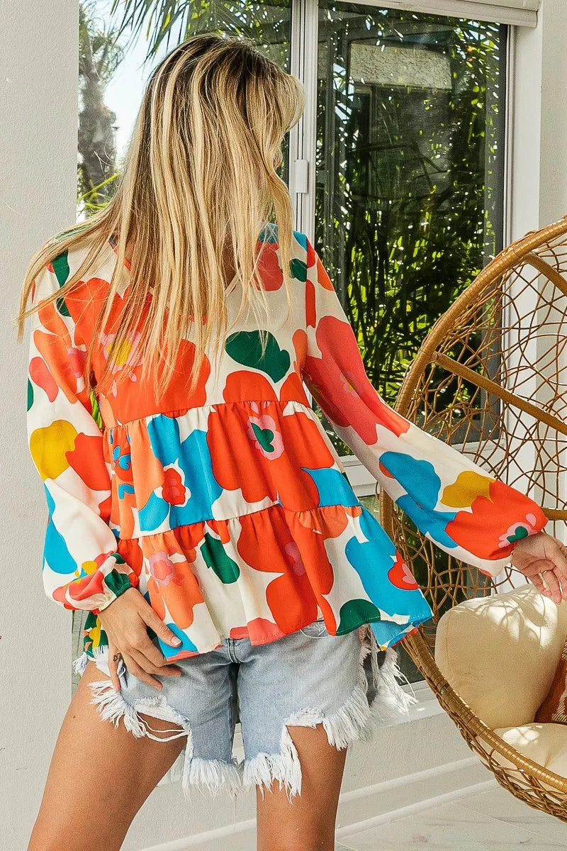 Floral Woven Tiered V Neck Top