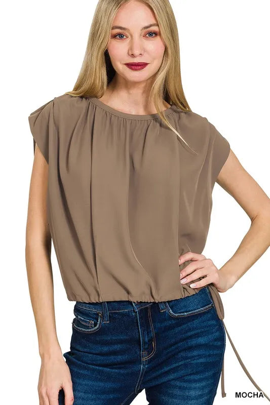 Woven Drawstring Tie Side Sleeveless Top