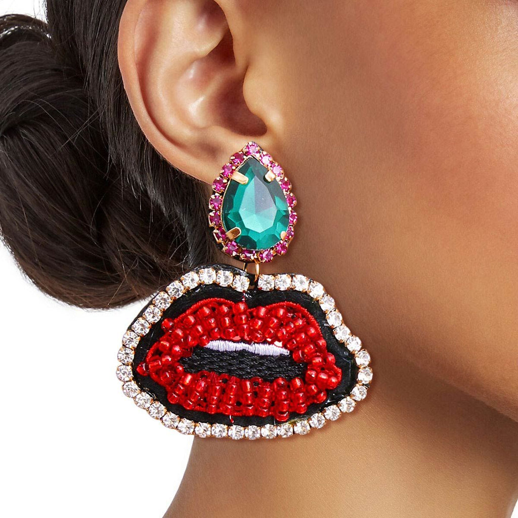 Teardrop Earrings Green Stylish Statement Lips Design