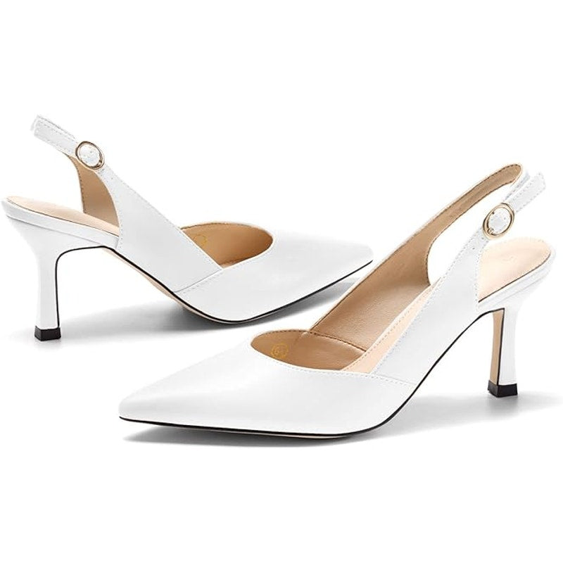 Rilista Womens Size 7 White Faux Leather Pointy Toe Slingback 3.5" Heels Shoes