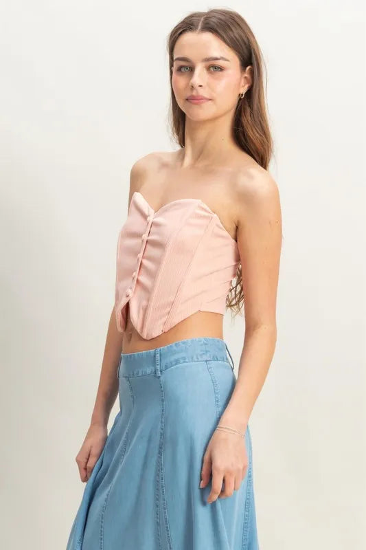 Buttoned Front Strapless Knit Bustier Top