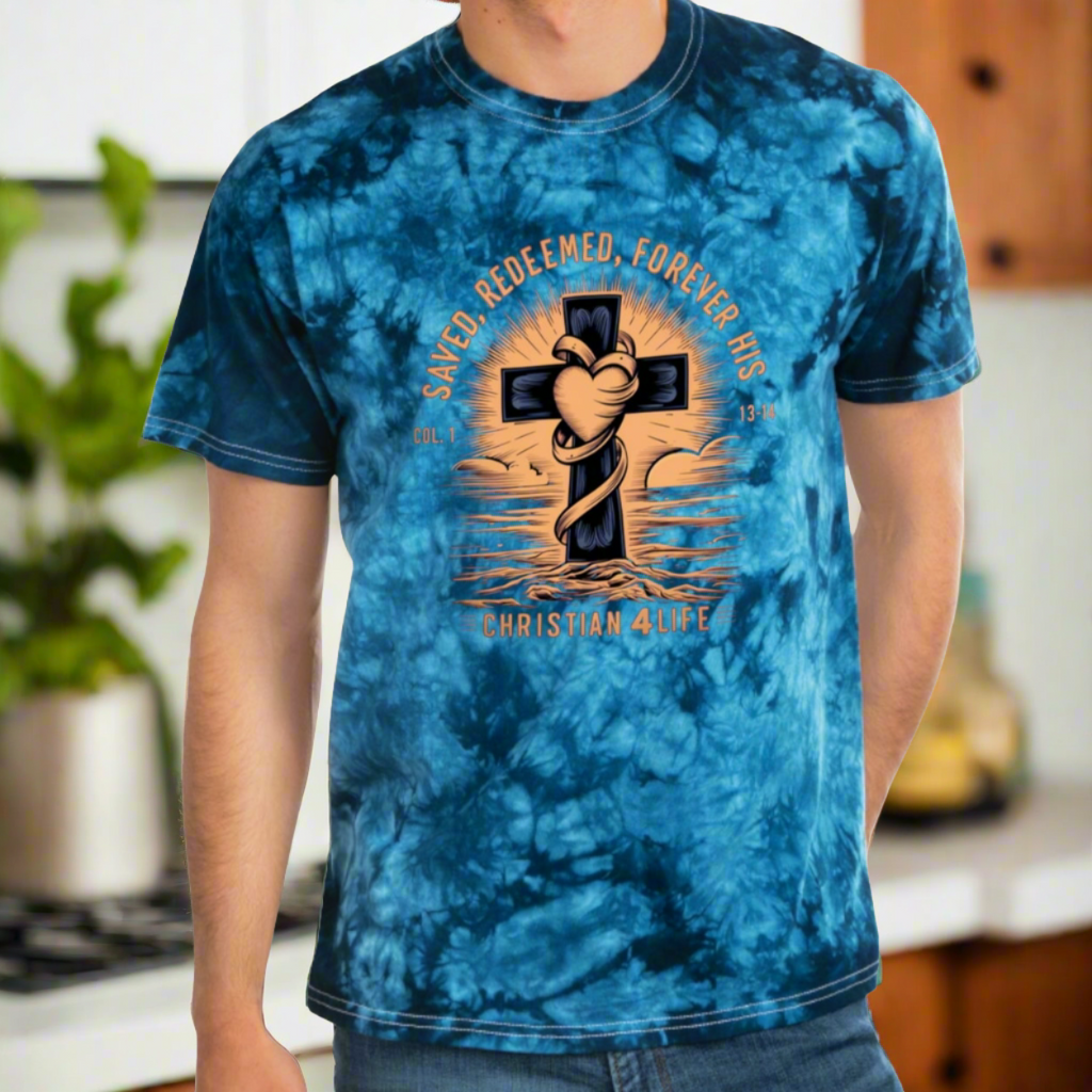 Unisex "Saved, Redeemed, Forever His" Christian Tie-Dye style T-shirt
