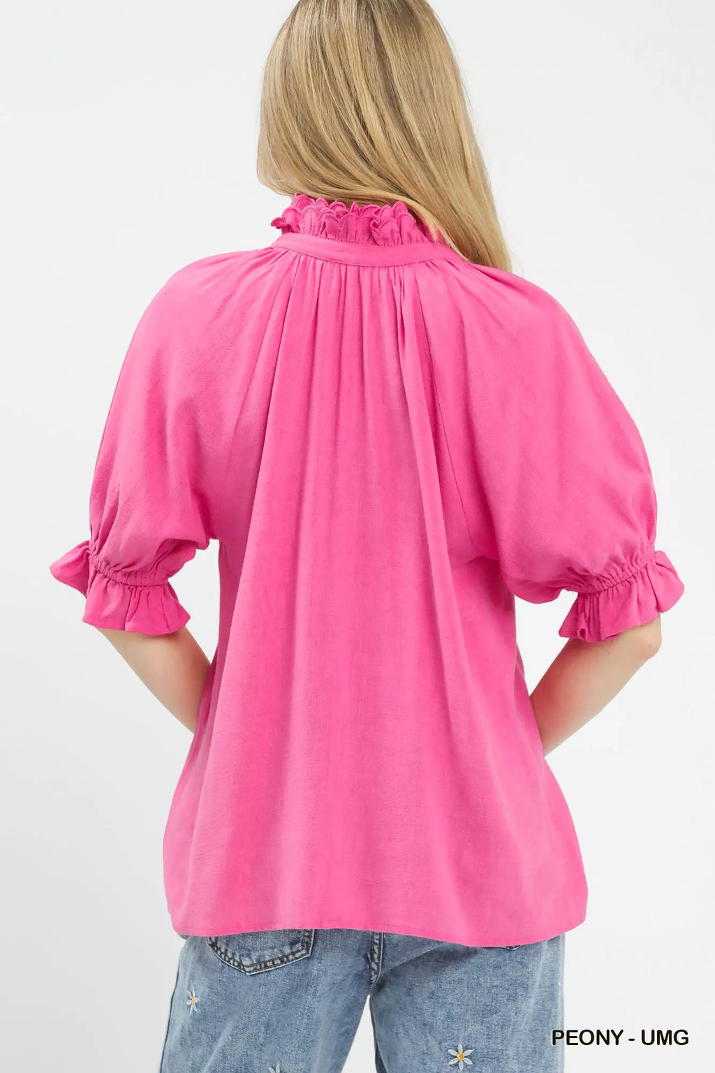 Linen Scalloped Ruffle Neck Blouse