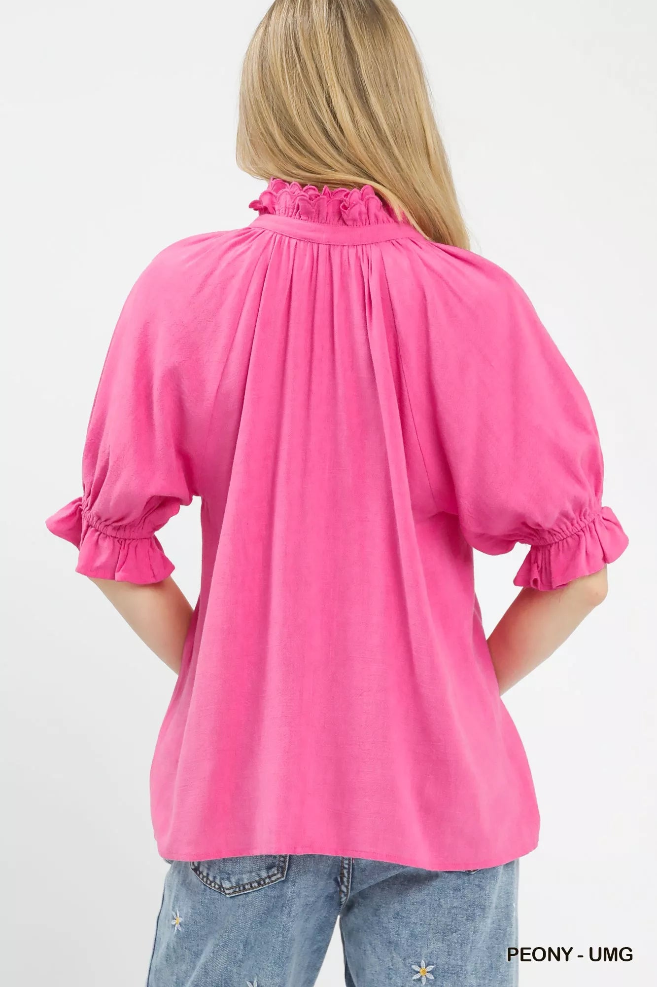 Linen Scalloped Ruffle Neck Blouse
