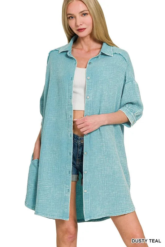 Washed Double Gauze Button Down Shirt Dress