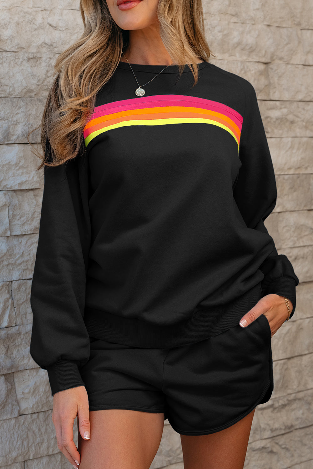 Black Striped Accent Pullover and Shorts Two Piece Casual Set