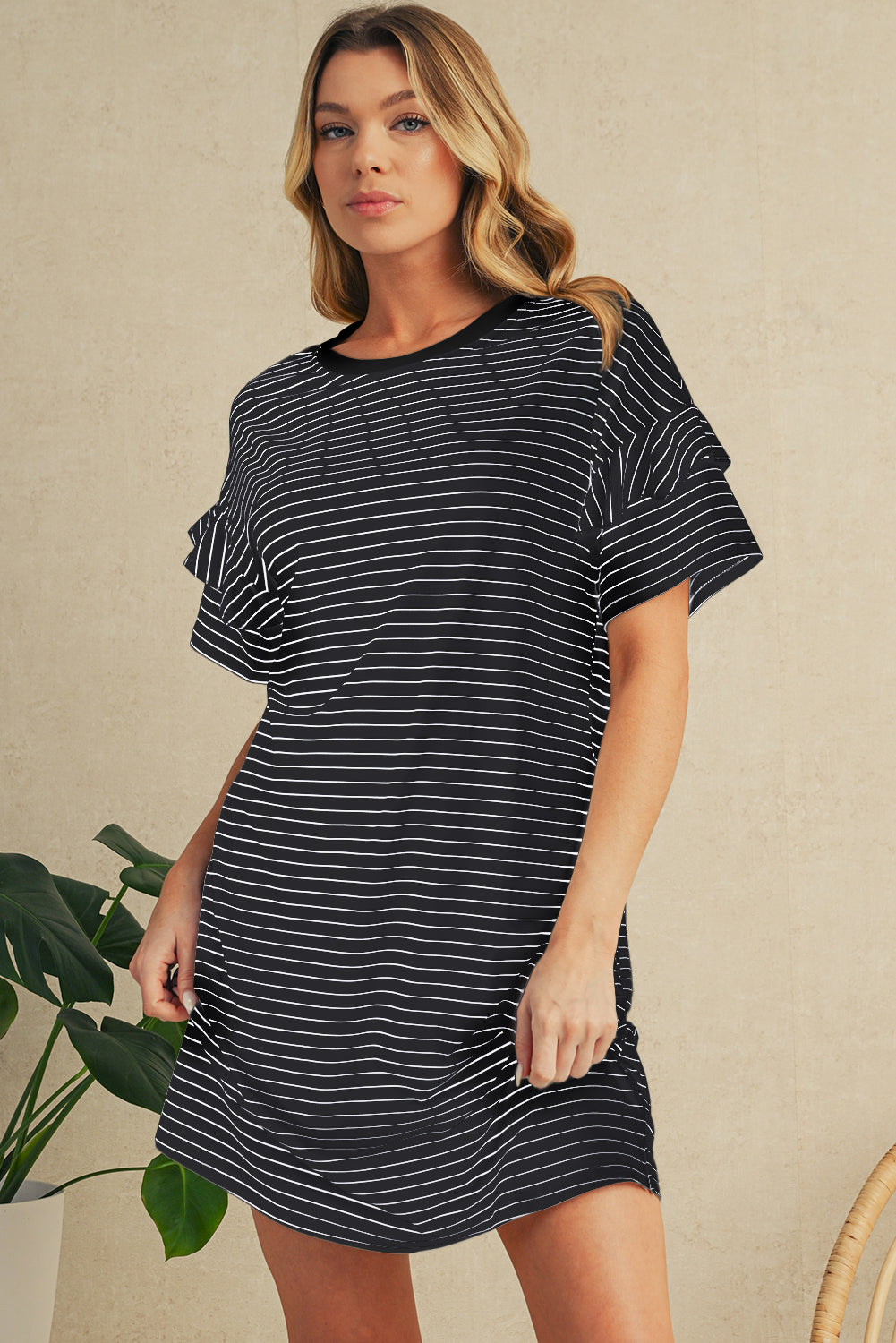 White Stripe Ruffle Short Sleeve T Shirt Mini Dress