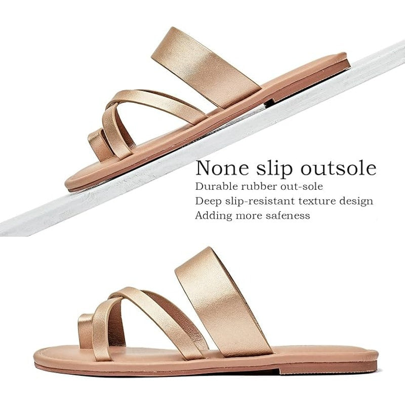 Luoika Womens 7.5W Gold Toe Strap Slide On Flats Sandals Flip Flop Shoes