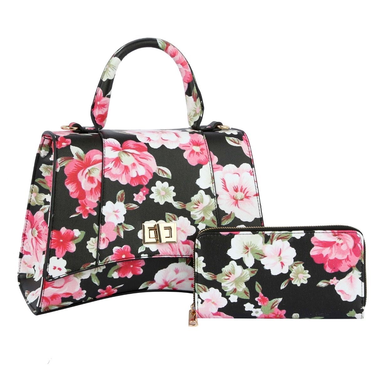 Fashion Handbag Set Black Floral Top Handle Stylish Chic Handbag Set