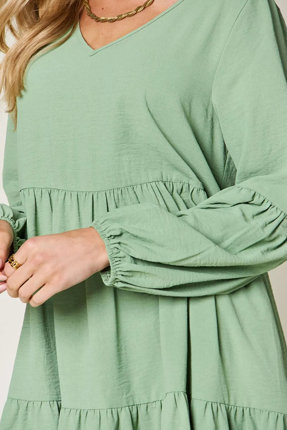 Full Size V-Neck Balloon Sleeve Tiered Dress with Pockets