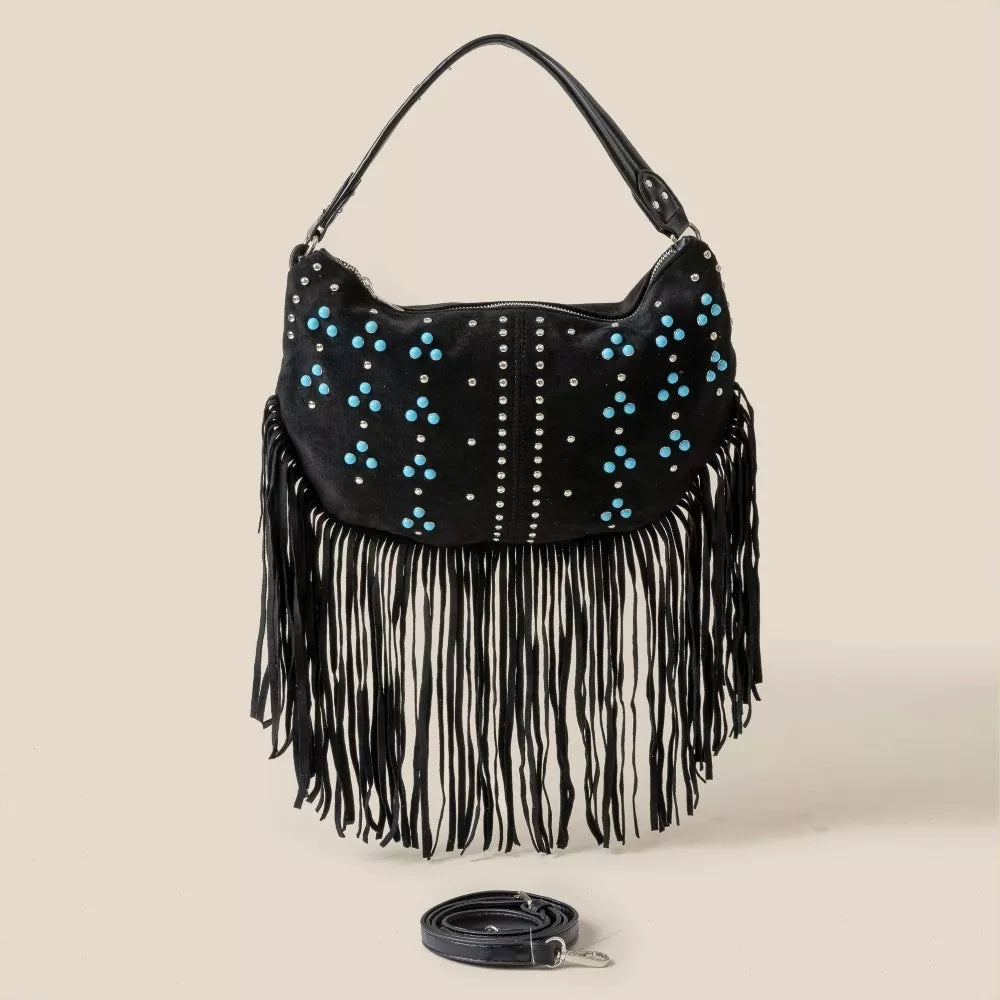 Studded Pattern Multi Fringe Hobo Shoulder Bag