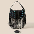 Studded Pattern Multi Fringe Hobo Shoulder Bag