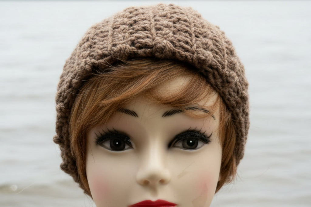 Brown handmade crocheted headband.