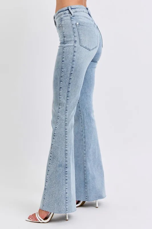 Full Size Mid Rise Rhinestone Side Panel Detail Flare Jeans Plus Size