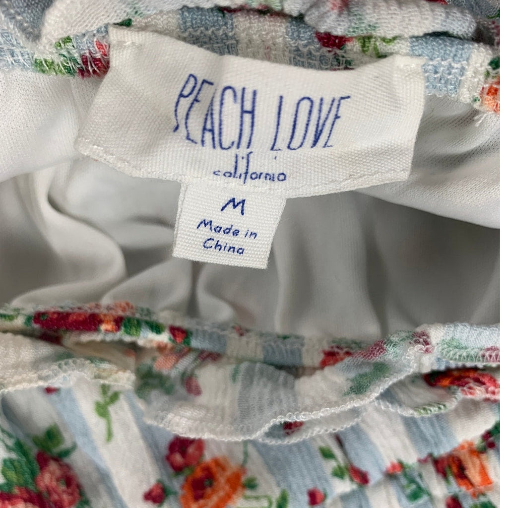 Peach Love California Womens Medium Striped Floral Short Sleeve Smocked Dress