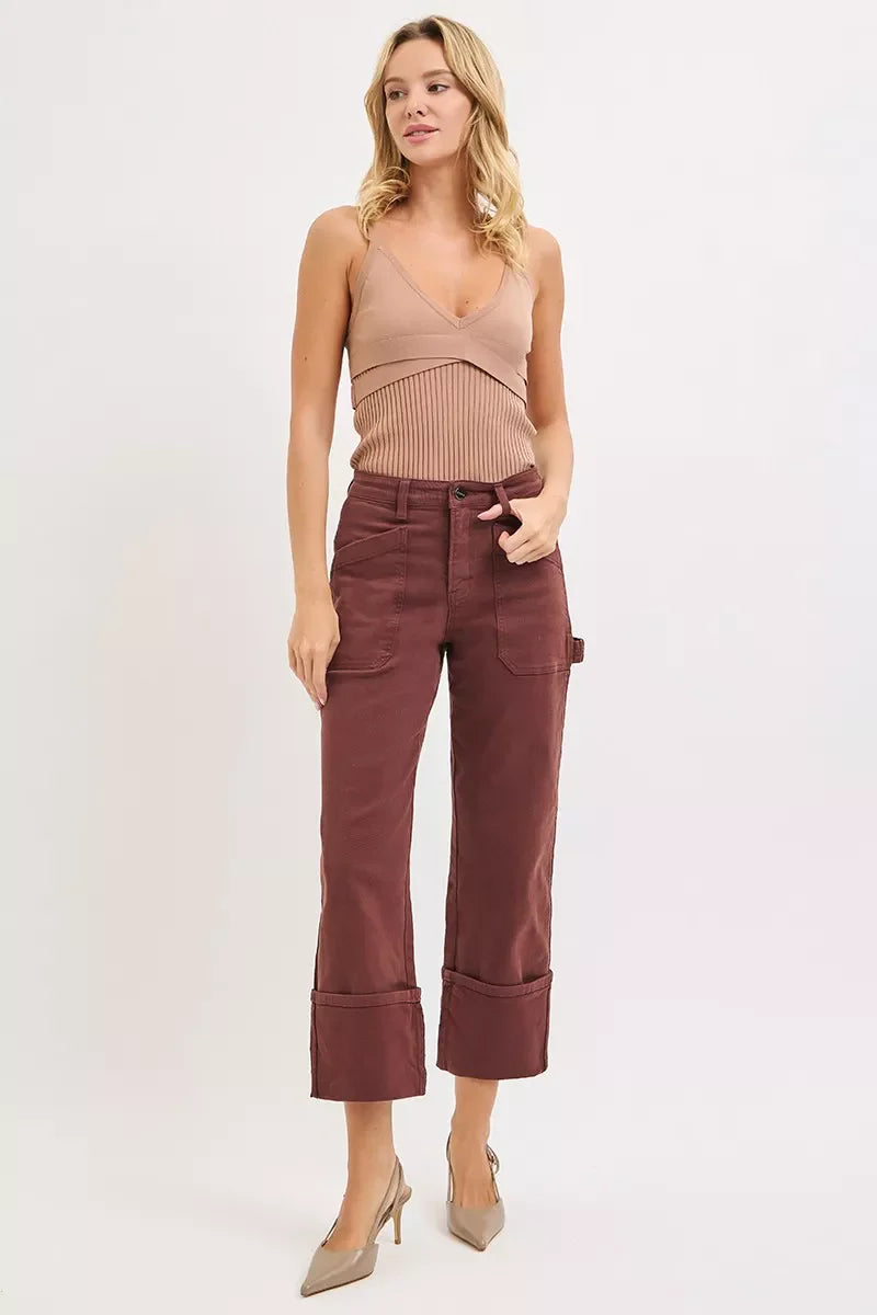 Full Size High Rise Wide Straight Cuffed Patch Jeans Plus Size