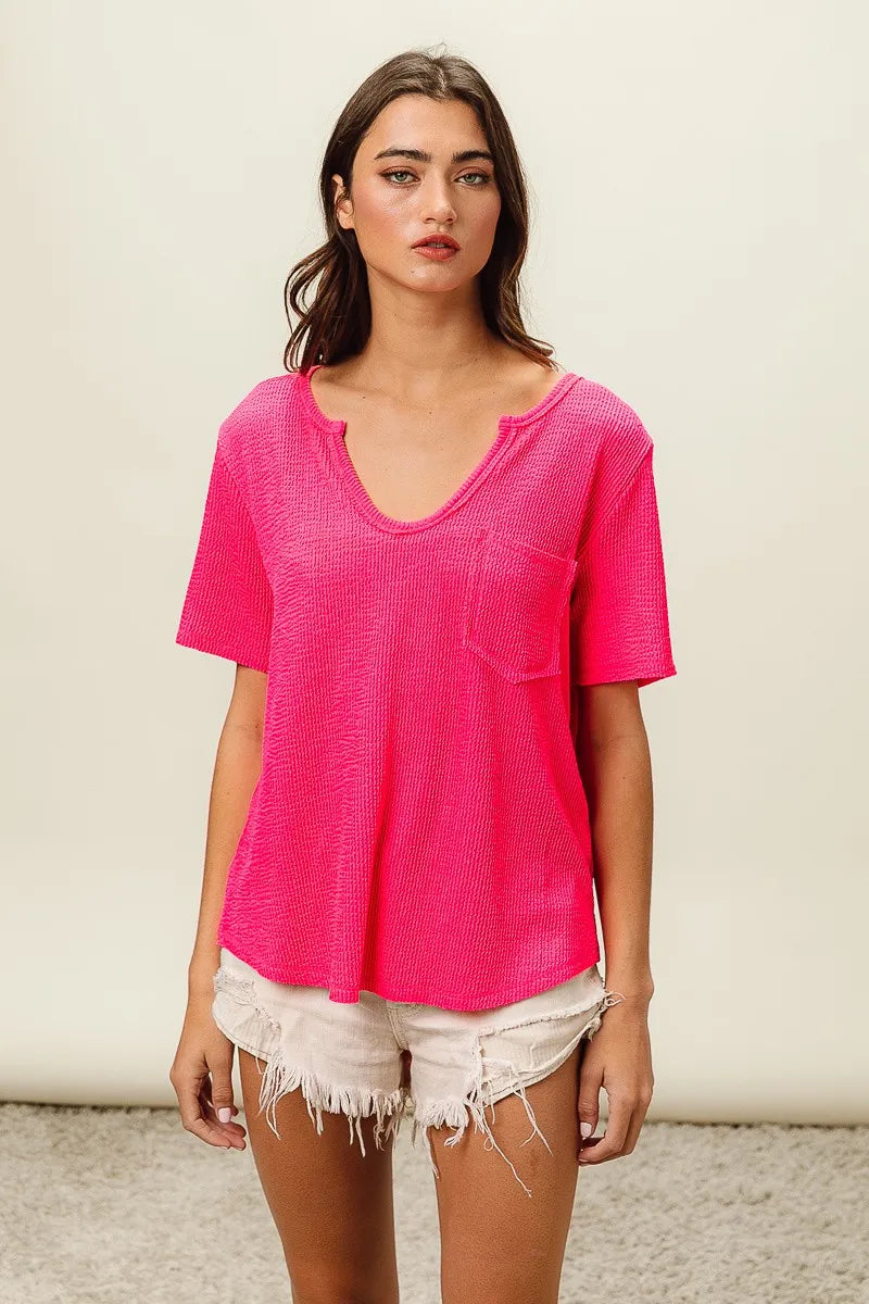 Waved Rib U Neck Top With Front Pocket