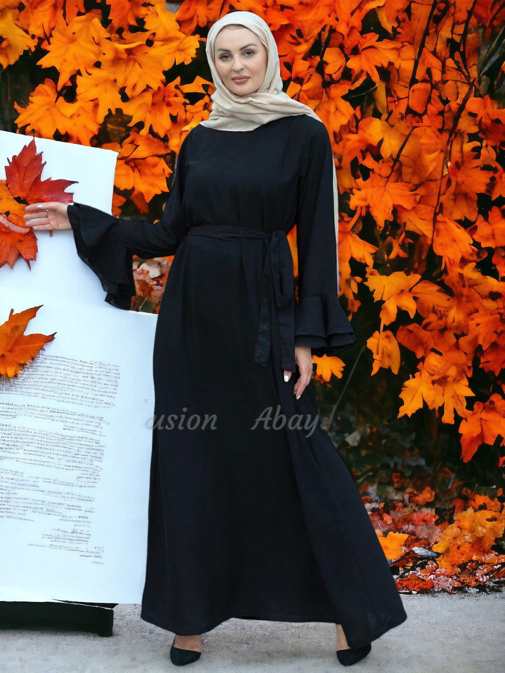 Abaya with layer Sleeve attached Belt on front