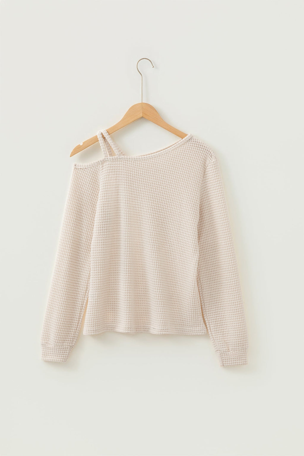 Jet Stream Solid Color Textured Knit Asymmetric Shoulder Long Sleeve Top