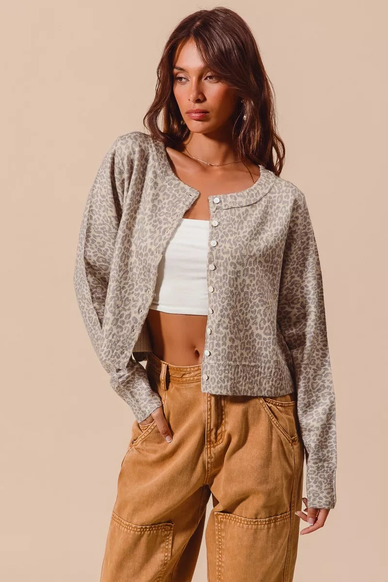 Two Tone Leopard Vintage Print Button Up Cardigan