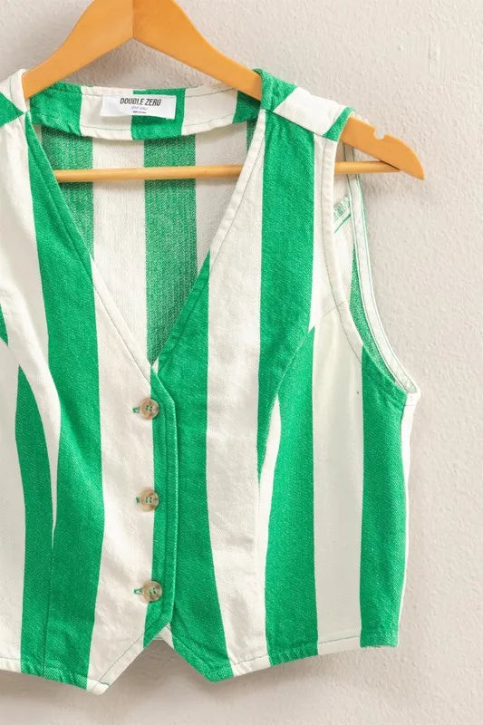 Woven Striped V-Neck Button Down Vest