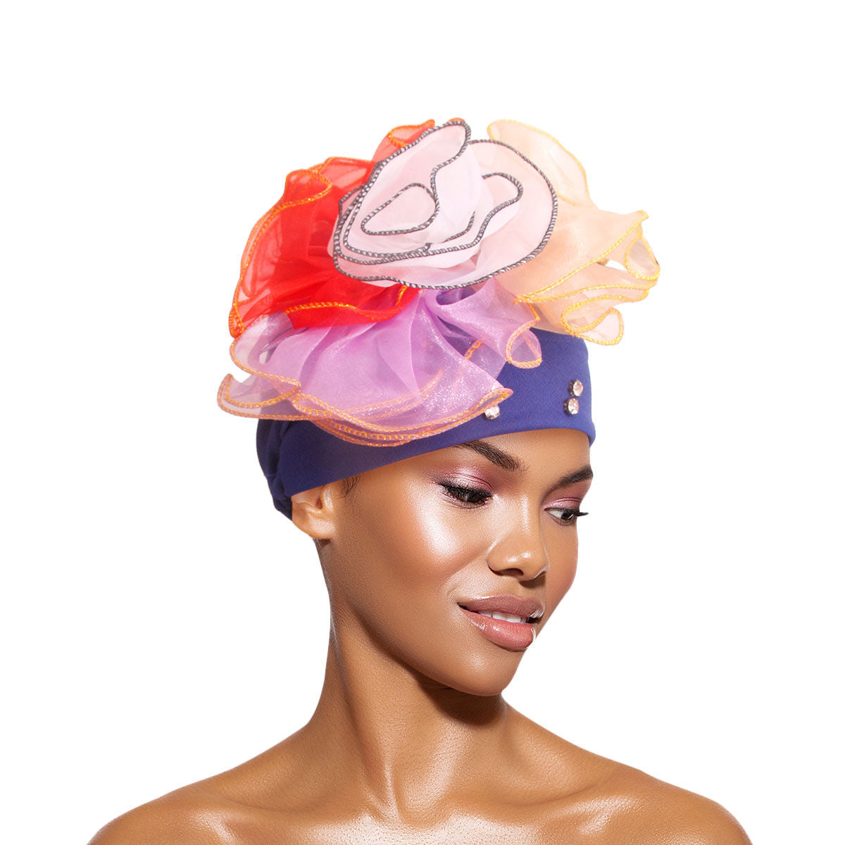 Turban Headwrap with Pleated Ruffle and Rhinestone Accent in Royal Blue, Stylish Accessory
